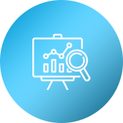 Data analysis icon with chart and magnifying glass.